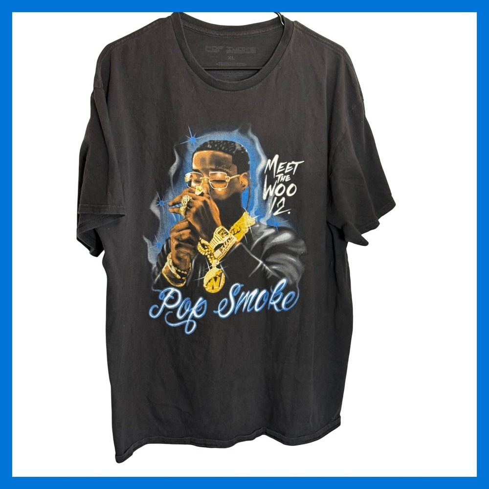 Pop Smoke Meet The Woo V2 Graphic Tee Black Short Sleeve Mens XL Hip Hop Shirt